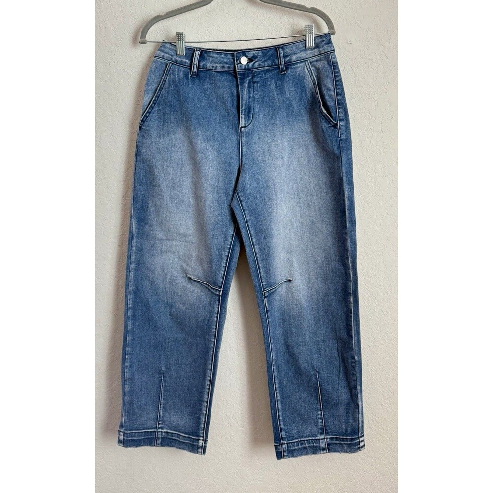 Flamingals Women’s Blue Straight Jeans Sz M Medium Wash Stretch 5-Pocket Button